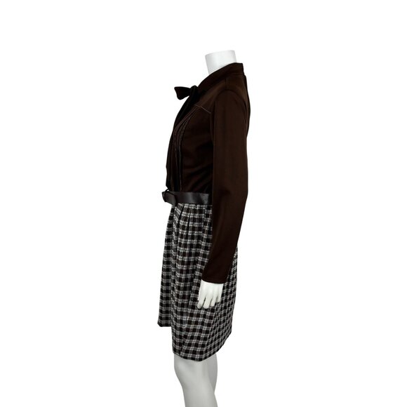 Vintage 70s Secretary Dress Womens L Brown Long Sleeve Ascot Necktie Plaid Skirt - Picture 9 of 11